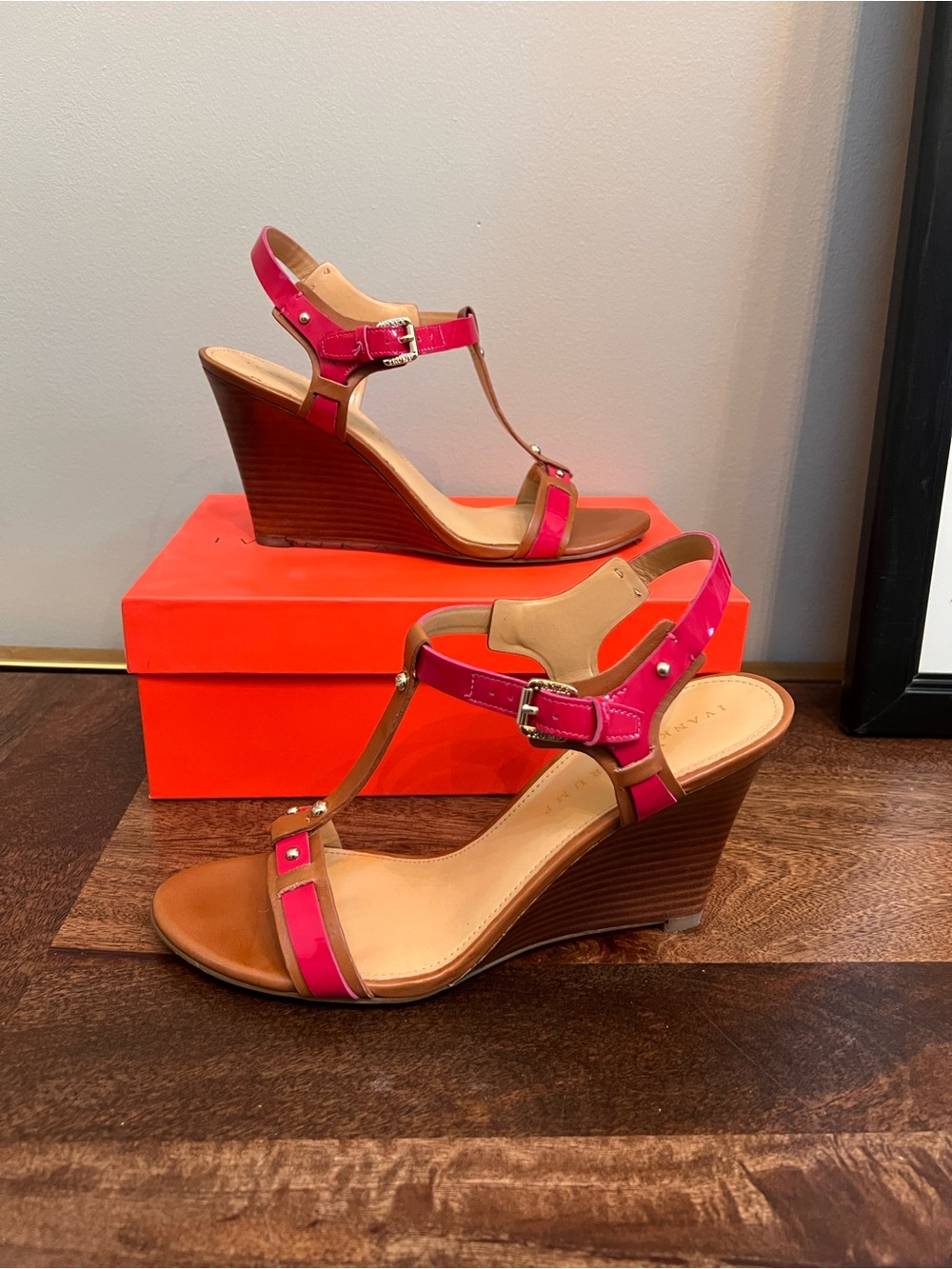 Ivanka Trump Hot Pink Patent Leather Wedge Sandals